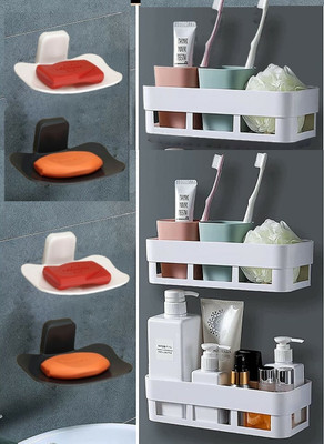 ALUCINANTE 4 Self Adhesive Curve Soap Cases And 3 Wall Shelf For Home, Kitchen And Bathroom(White)