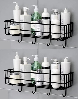 SARAZA Multipurpose Wall Mounted Bathroom Storage Organizer Shelf Rack with Hooks Iron Wall Shelf(Number of Shelves - 1, Black)