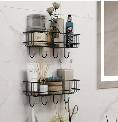kedarnath Bathroom wall rack with 4 hook Stainless Steel, Iron Wall Shelf(Number of Shelves - 2, Black)