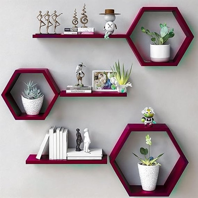 WallWonder Wooden Hanging Floating Haxagon Shape Wall Shelf Showcase 4 Storage Nos-6 Wine MDF (Medium Density Fiber) Wall Shelf(Number of Shelves - 6, Red)