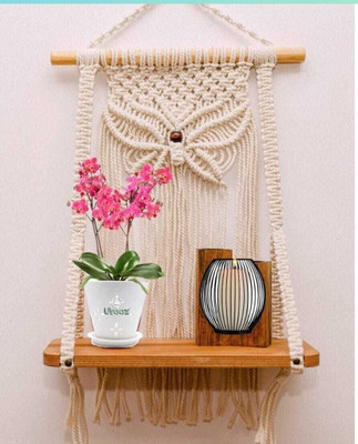 JANAKI SHOP Handmade Woven Cotton Rope Bohemian Home Decor Wooden Wall Shelf(Number of Shelves - 1, White)