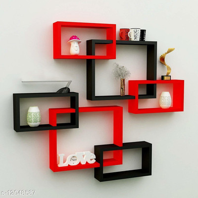 THE PINEWOOD ENTERPRISES THE PINEWOOD ENTERPRISES Wall Decoration Wooden Shelf Rack Intersecting Wooden, MDF (Medium Density Fiber) Wall Shelf(Number of Shelves - 6, Black, Red)