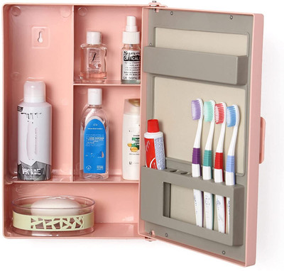 Zahab Bathroom Mirror Box Wall Cabinet with Mirror 4 Shelf 10x14 inch pink Plastic Wall Shelf(Number of Shelves - 4, Pink)