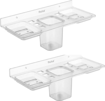 RUHE ABS 4in1 Shelf Tray Tumbler & Toothbrush Holder with Double Soap Dish-Pack of 2 Plastic Wall Shelf(Number of Shelves - 3, Clear)