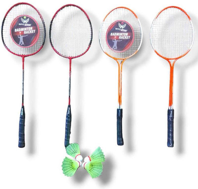 SPO Zone Badminton Multi Double $ Single Racket Set of 4 PC With Plastic 4 Shuttle Orange, Red Strung Badminton Racquet(Pack of: 1, 120 g)