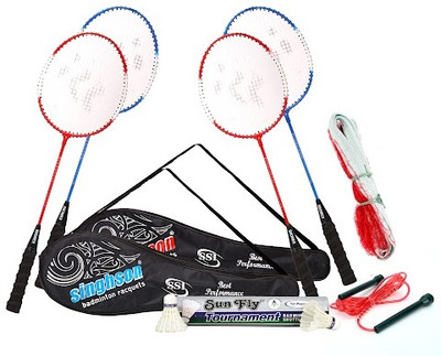 Singhson 4 Rackets, 10 Feather Shuttlecock, Full Cover and Free Pencil Skipping Red, Blue Strung Badminton Racquet(Pack of: 5, 930 g)