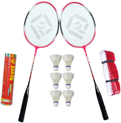 Rakso GR-300 Strung Badminton Racket Set OF 2 PCS WITH 6 feather SHUTTLECOCK 1 net Multicolor Strung Badminton Racquet(Pack of: 8, 270 g)