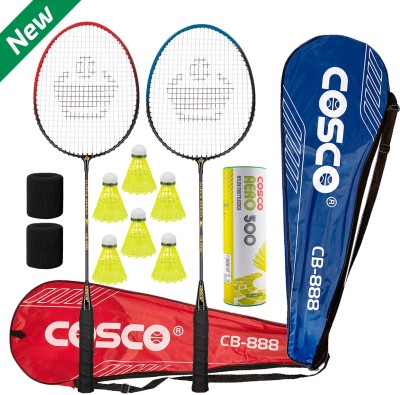 COSCO CB-888 (Pack of 2 Racquet), Aero 500 (Pack of 6 Nylon Shuttle), 2 Wrist Band Red, Blue Strung Badminton Racquet(Pack of: 1, 100 g)