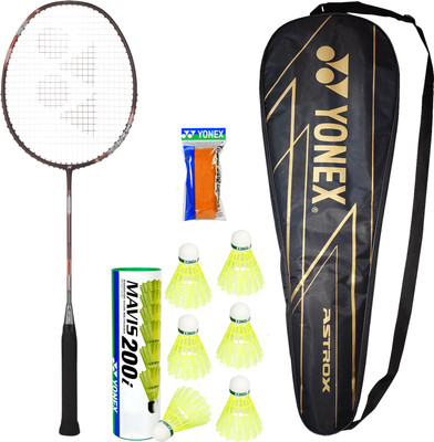 YONEX Combo of 8, 1 Astrox Attack 9 Badminton Racquet, 6 Shuttles, 1 Badminton Grip Red Strung Badminton Racquet(Pack of: 1, 80 g)