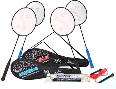 Singhson 4 Rackets, 10 Feather Shuttlecock, Full Cover and Free Pencil Skipping Black, Blue Strung Badminton Racquet(Pack of: 4, 900 g)