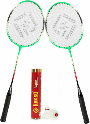 Rakso STAR GREEN Single Shaft Racket SET OF 2 Pc With 10 Shuttle FEATHER FOR KIDS MEN Multicolor Strung Badminton Racquet(Pack of: 1, 280 g)