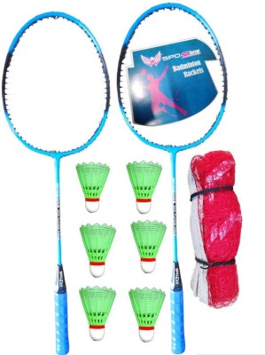 SPO Zone Badminton Racket Kit Combo Set Of 2 Racquet With 6 Plastic Shuttle_With Net Badminton Kit