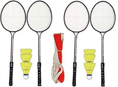 TIAGO Badminton Set, Double Shaft Racket Set of 4 with 6 Pcs Shuttlecock & 1 Pc Net Red Strung Badminton Racquet(Pack of: 11, 200 g)