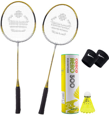 COSCO CB-85 (Pack of 2 Racquet) + Aero 500 Shuttle Box (Pack of 6 Shuttlecock) + Band Yellow Strung Badminton Racquet(Pack of: 6, 100 g)