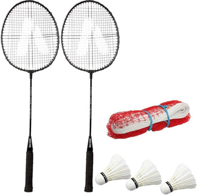 STYRKR Badminton PRO_4@ Racket Set Of 2 With Shuttlecok Pack of 3 with Net Black Strung Badminton Racquet(Pack of: 2, 100 g)