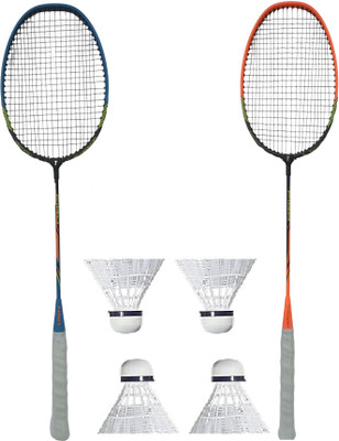 TIMA Figo Aluminium Blend Badminton Racket , With Four Feather shuttle cocks. Blue, Orange Strung Badminton Racquet(Pack of: 2, 101 g)