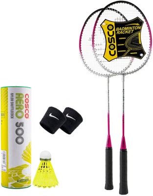 COSCO CB-85 (Pack of 2 Racquet) + Aero 500 Shuttle Box (Pack of 6 Shuttlecock) + Band Pink Strung Badminton Racquet(Pack of: 1, 100 g)