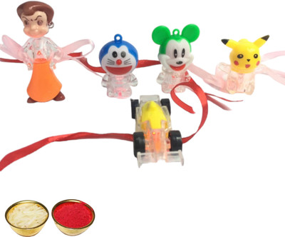 yarana Kids 005 Mauli Thread Chawal Roli Pack  Set(5 Characters Multi Led Light Rakhi)