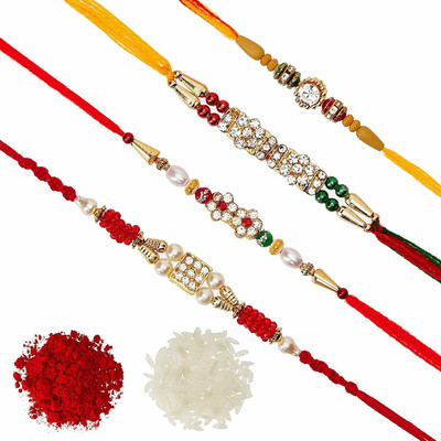 Ephemeral Thread Rakhi_set_02 Assorted Chawal Roli Pack, Rakhi  Set(4 Rakhi, Roli Chawal)