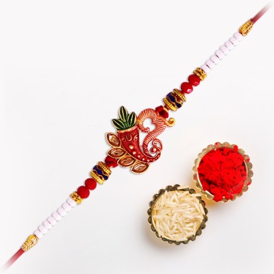 ARSUVI Religious B17_SO1_039 Kundan Rakhi, Chawal Roli Pack  Set(1 Kundan Om Ganesh Designer Rakhi, 1 Roli And 1 Chawal Pack)