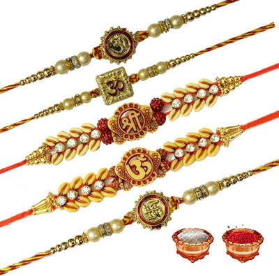 Pawandeep Thread RAKHI-S3-S4-S5-S6-S7 Zardosi Chawal Roli Pack  Set(5 RAKHI, 1 ROLI CHAWAL)