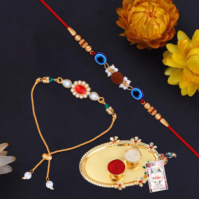 ShreejiHuf Religious SHLRK-1064-4335-4326 Mauli Thread Rakhi  Set(1 Bhaiya/1 Bhabhi Rakhi With Roli Chawal And Greeting Card With Pooja Thali)