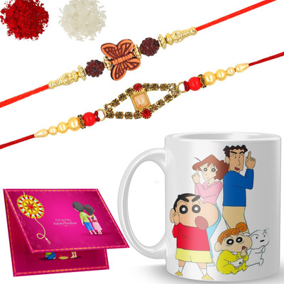 NAADN Thread Rakhi with mug_NAADN7334 Gold Finish Rakhi, Chawal Roli Pack, Greeting Card, Mug  Set(2 Rakhi, 1 Mug, 1 Roli & Chawal, 1 Card)