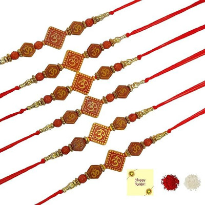Avanti Creation Thread pack of 6 Om Symbol Designer Religious Rakhi with Roli Chawal Assorted Rakhi  Set(6 Rakhi)