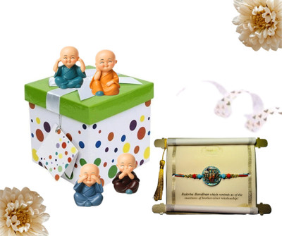 Soft Touch Decor Religious Combo – 1 Radha Krishna Rakhi with Baby Monk Showpiece Set Gold Finish Showpiece  Set(1 Rakhi, Baby Monk Set)