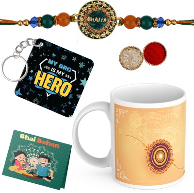 Ekish A1-BestBro08-Key05_P03 Kundan Rakhi, Mug, Key Ring, Greeting Card, Chawal Roli Pack  Set(Designer Rakhi, Best Brother Coffee Mug, Key Ring, Greeting Card, Chawal Roli Pack)