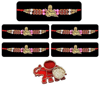 Saugat Traders Religious Ganesh Ji Rakhi Set of 5 Assorted Rakhi, Chawal Roli Pack  Set(Set of 5 Ganesha Rakhi for Brother, 1 Chopra with Roli Chawal Pack.)