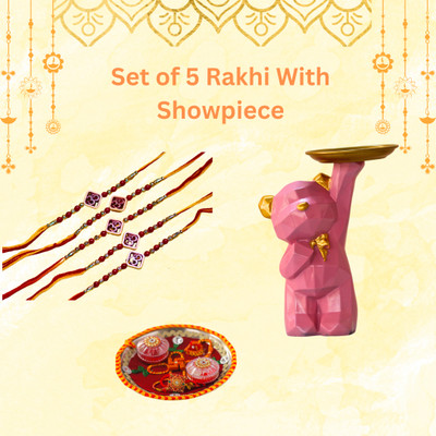 Miss Peach Religious 5omrakhi+standingteddyplatterpink Mauli Thread Showpiece  Set(5 Rakhi for Brothers and Platter Dog Gift items for Home Decoration)