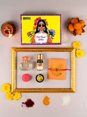 Soulflower Thread For Sisters Assorted Perfume, Body wash, Rakhi  Set(1 Perfume, 1 face & body Oil, 1 Glycerin Soap, 1 Lip Balm, 1 Rakhi)