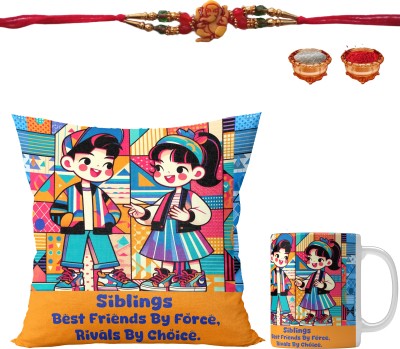 Unbounded Company Thread UCRAKHI-012 Siblings Friends Rivals Assorted Cushion, Mug, Rakhi, Chawal Roli Pack  Set(1 Cushion, 1 Mug, 1 Rakhi, 1 Chawal Roli Set)