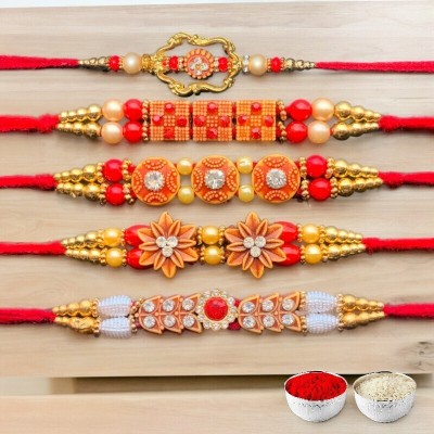 SHUBH LAXMI CREATION Designer F5-G4-G6-G7-H4 Assorted Rakhi, Chawal Roli Pack  Set(5 Rakhi, Roli, Chawal)