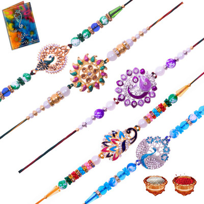 NAWEMA Religious RA-RB-RC-RD-RL Mauli Thread Rakhi  Set(5 Rakhi Set With 1 Rolichawal, 1 Card)