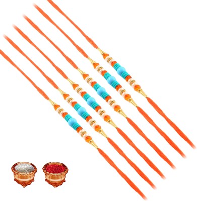 SRK CREATION Designer RAKHI 06-09 Mauli Thread, Gold Finish, Yarn Rakhi, Chawal Roli Pack  Set(6 RAKHI, 1 ROLI CHAWAL PACK)