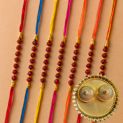 Navvya Rudraksh Rakhi Combo for Brother Bhabhi & Kids with Thali | Mixed Colors Rakhi Plate Set Mauli Thread Thali  Set(Set of 12 Rakhi, One Gold Plated Thali)