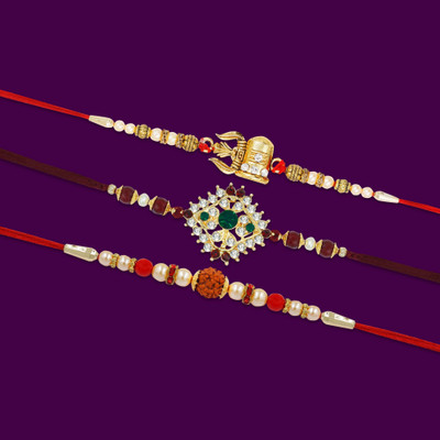 R A Enterprises Thread R-A-EN_34-A Mauli Thread Chawal Roli Pack  Set(3 Rakhi, 1 Roli, 1 Chawal)