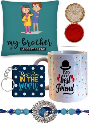 KUCHILA Bhaiya Bhabhi RK-BestBro66-Key02-CS05_P04 Assorted Rakhi, Cushion Cover, Mug, Greeting Card, Chawal Roli Pack  Set(Peacock Rakhi, Coffee Mug Mug, I Love Brother Cushion Cover with Filler)