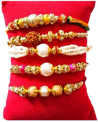 Dms Retail Religious Pearl And Diamond Rudraksh Studded Rakhi For Brother With Roli Chawal Pearl Rakhi  Set(5)
