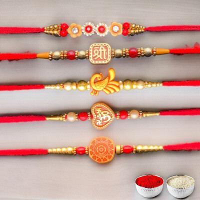 ringzinnie Designer F9-B2-B4-B5-B7 Assorted Rakhi, Chawal Roli Pack  Set(5 Rakhi, Roli, Chawal)