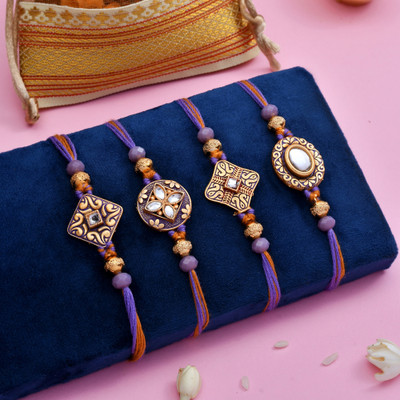 HyperFoods Designer Rakhi For Brother Darpaan Collection Rakhi Set of 4 Assorted Rakhi  Set(Set Of 4 Darpaan Collection Rakhi with 1 Roli & Chawal pack.)