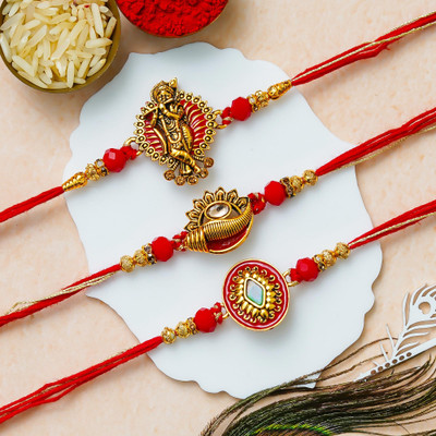 eCraftIndia Religious Rakhi Assorted Rakhi  Set(Set of 3 Floral Shankh Krishna Designer Rakhis, 1 Roli Chawal Pack)