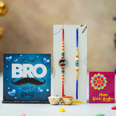Tonkwalas Designer Rakhi Gift Set For Brother Combo With Roli Chawal Greeting Card- FRM1-C16-C1 Mauli Thread Showpiece, Rakhi, Greeting Card, Chawal Roli Pack Set(1 Table Top MDF Frame, 2 Designer Rakhi, 1 Roli Chawal Packet, 1 Best Wishes Card) Tonkwalas Designer Rakhi Gift Set For Brother Combo With Roli Chawal Greeting Card- FRM1-C16-C1 Mauli Thread Showpiece, Rakhi, Greeting Card, Chawal Roli Pack Set(1 Table Top MDF Frame, 2 Designer Rakhi, 1 Roli Chawal Packet, 1 Best Wishes Card)