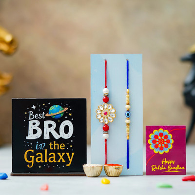Tonkwalas Designer Rakhi Gift Set For Brother Combo With Roli Chawal Greeting Card- FRM3-C16-C3 Mauli Thread Showpiece, Rakhi, Greeting Card, Chawal Roli Pack Set(1 Table Top MDF Frame, 2 Designer Rakhi, 1 Roli Chawal Packet, 1 Best Wishes Card) Tonkwalas Designer Rakhi Gift Set For Brother Combo With Roli Chawal Greeting Card- FRM3-C16-C3 Mauli Thread Showpiece, Rakhi, Greeting Card, Chawal Roli Pack Set(1 Table Top MDF Frame, 2 Designer Rakhi, 1 Roli Chawal Packet, 1 Best Wishes Card)