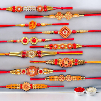ringzinnie Designer H3-C1-C3-F10-C8-G6-C7-F4-H12-D5-D4 Assorted Rakhi, Chawal Roli Pack  Set(11 Rakhi, Chawal, Roli)