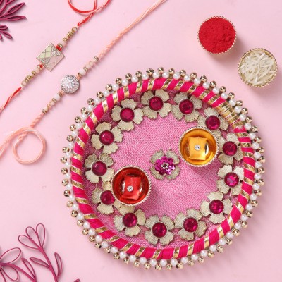 Floweraura Religious Set Of 2 Stone Meenakari Rakhi With Golden & White Beads Pink & Red Tika Thali Assorted Rakhi, Thali  Set(Set Of 2 Stone Meenakari Rakhi With Golden & White Beads Pink & Red Tika Thali)