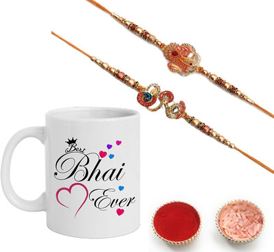 PRIDE STORE Religious Bro Rakhi Radhe Krishna Rakhi with printed mug Gold Finish Rakhi  Set(1 printed mug 2 rakhi and 1 Roli Pack, 1 Chaval Pack)