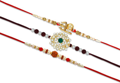 R A Enterprises Thread R-A-EN_01 Mauli Thread Chawal Roli Pack  Set(3 Rakhi, 1 Roli, 1 Chawal)